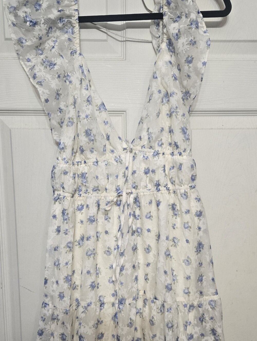 White Floral Smocked Midi Dress with Blue Blossoms